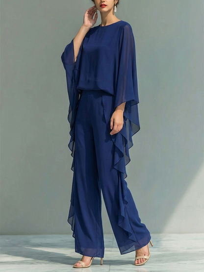 Batwing Sleeves Long Sleeves Ruffled Solid Color Round-Neck Blouses Top + Pants Bottom Two Pieces Set