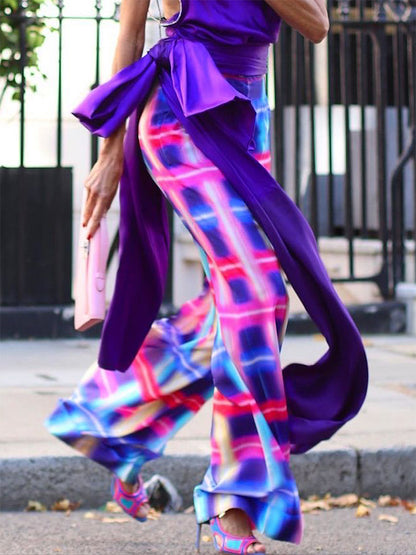 Loose Contrast Color Plaid Casual Pants Bottoms
