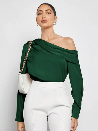 Long Sleeves Skinny Pleated Solid Color Split-Joint One-Shoulder Blouses&Shirts Tops