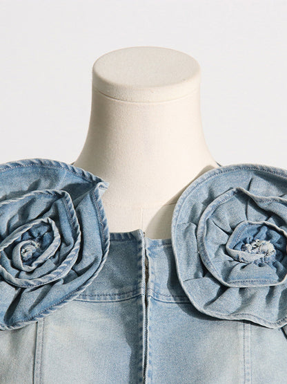 Long Sleeves Loose Buckle Three-Dimensional Flower Round-Neck Denim Jackets Outerwear