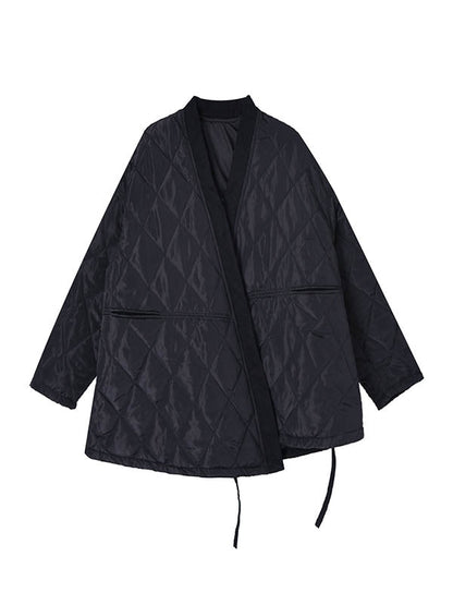 Long Sleeves Loose Plaid Quilted Solid Color Split-Joint Tied Collarless Outerwear Padded Coat