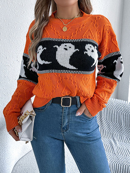 Long Sleeves Loose Contrast Color Split-Joint Round-Neck Pullovers Sweater Tops