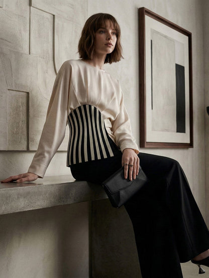 Irregularity Long Sleeves Asymmetric Pleated Split-Joint Striped Zipper Round-Neck Blouses&Shirts Tops