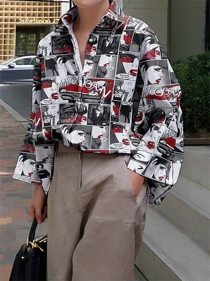 Long Sleeves Loose Buttoned Contrast Color Figure Printed Lapel Blouses&Shirts Tops
