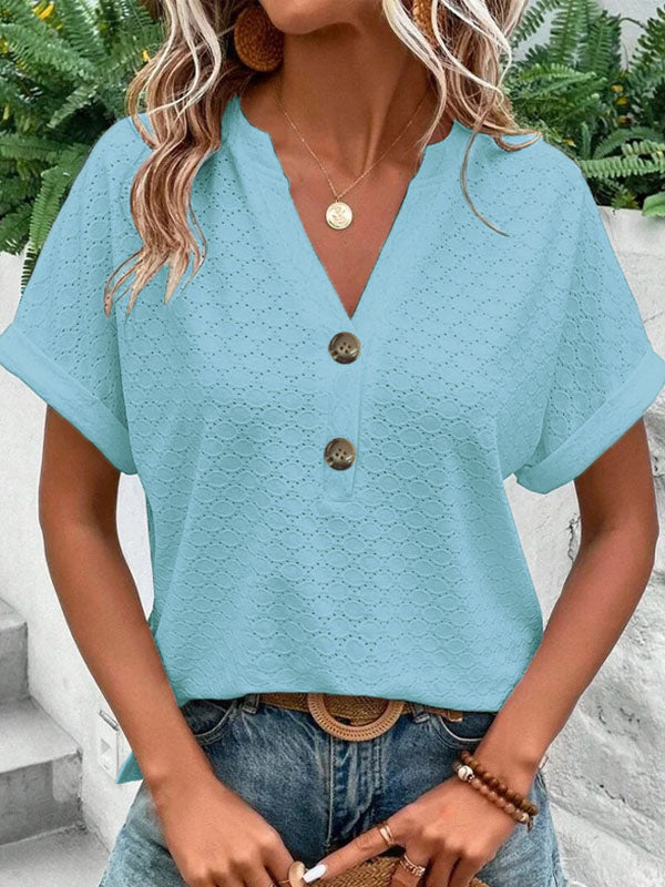 Loose Plus Size Buttoned Jacquard Split-Joint V-Neck T-Shirts Tops