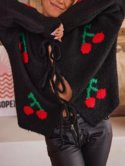 Long Sleeves Loose Contrast Color Jacquard Tied Round-Neck Cardigan Tops