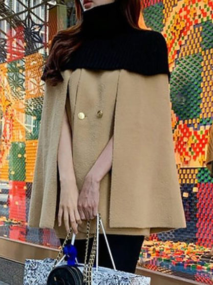 Loose Buttoned Contrast Color Split-Joint High Neck Woolen Coat
