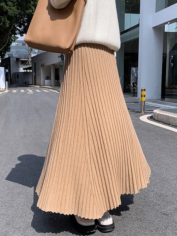 A-Line High Waisted Pleated Solid Color Skirts Bottoms