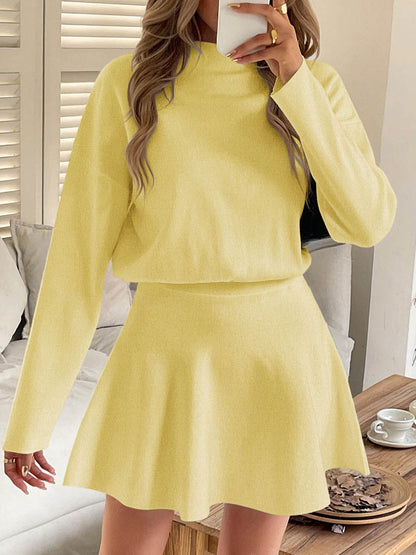 A-line High Waisted Elasticity Solid Color Round-neck Mini Dresses Sweater Dresses