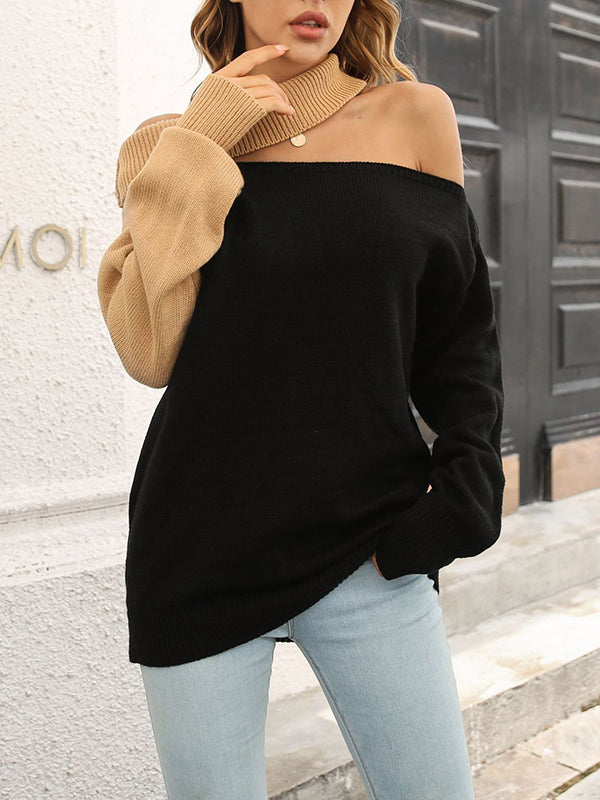 Loose Puff Sleeves Contrast Color Hollow Split-Joint Off-The-Shoulder Sweater