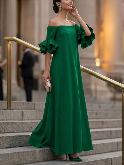 Half Sleeves Loose Solid Color Off-The-Shoulder Maxi Dresses
