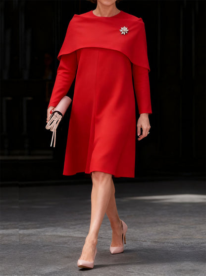 Zipper Solid Color Long Sleeves False Two Round-neck Midi Dresses