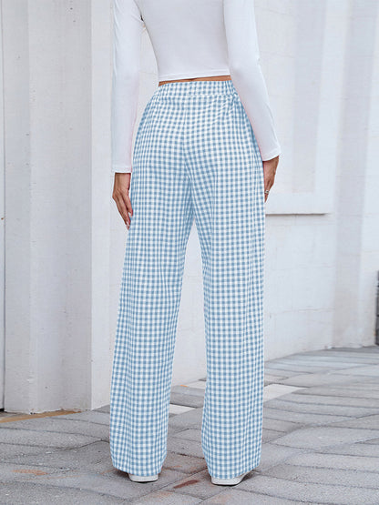 Elasticated Waist High Waisted Contrast Color Plaid Pockets Split-Joint Pants Trousers