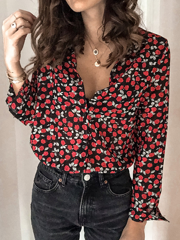 Long Sleeves Loose Buttoned Flower Print Lapel Blouses&Shirts Tops