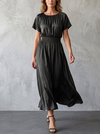 Batwing Sleeves High Waisted Elasticity Solid Color Round-Neck Maxi Dresses