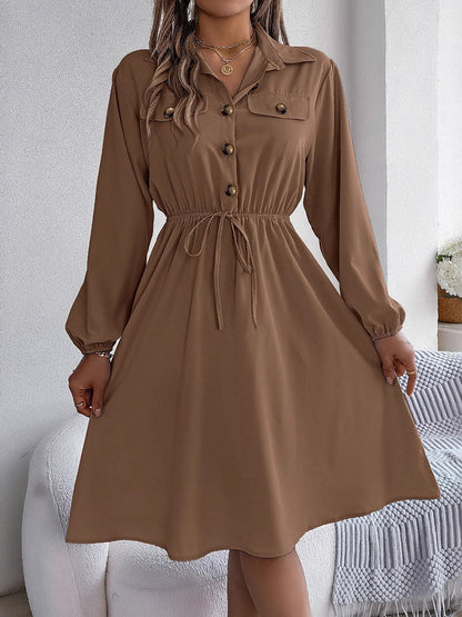 A-line Long Sleeves Buttoned Pleated Solid Color Tied Lapel Midi Dresses Shirt Dress