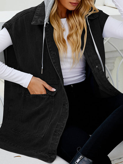 Loose Sleeveless Buttoned Detachable Hooded Pockets Split-Joint Lapel Collar Vest Outerwear