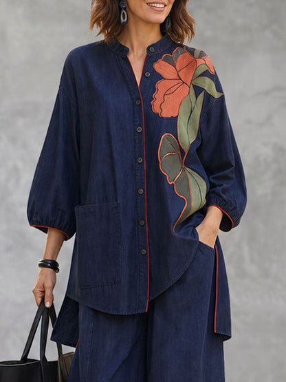 Pockets Flower Print Contrast Color Buttoned Three-quarter Sleeves Loose Round-neck Blouses&shirts Tops