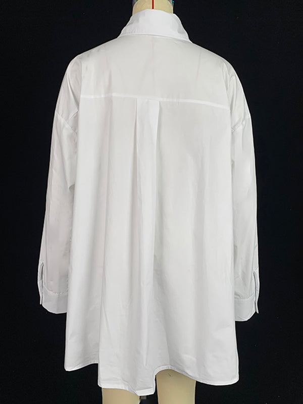 A-Line High-Low Buttoned Pockets Printed Split-Side Stand Collar Blouses&Shirts Tops