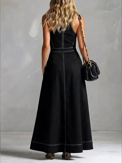 A-Line High Waisted Pleated Pockets Solid Color Zipper Stand Collar Maxi Dresses