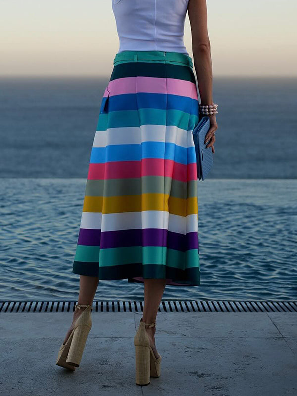 A-Line Loose Belted Contrast Color Split-Joint Striped Skirts Bottoms