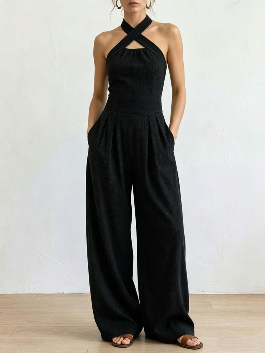 High Waisted Plus Size Pleated Pockets Solid Color Halter-Neck Jumpsuits