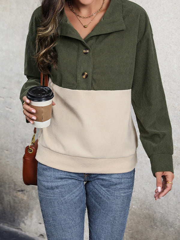 Long Sleeves Loose Buttoned Contrast Color Split-Joint Stand Collar Sweatshirt Tops