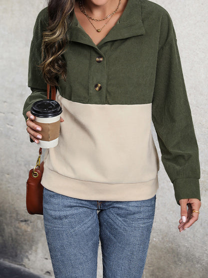 Long Sleeves Loose Buttoned Contrast Color Split-Joint Stand Collar Sweatshirt Tops