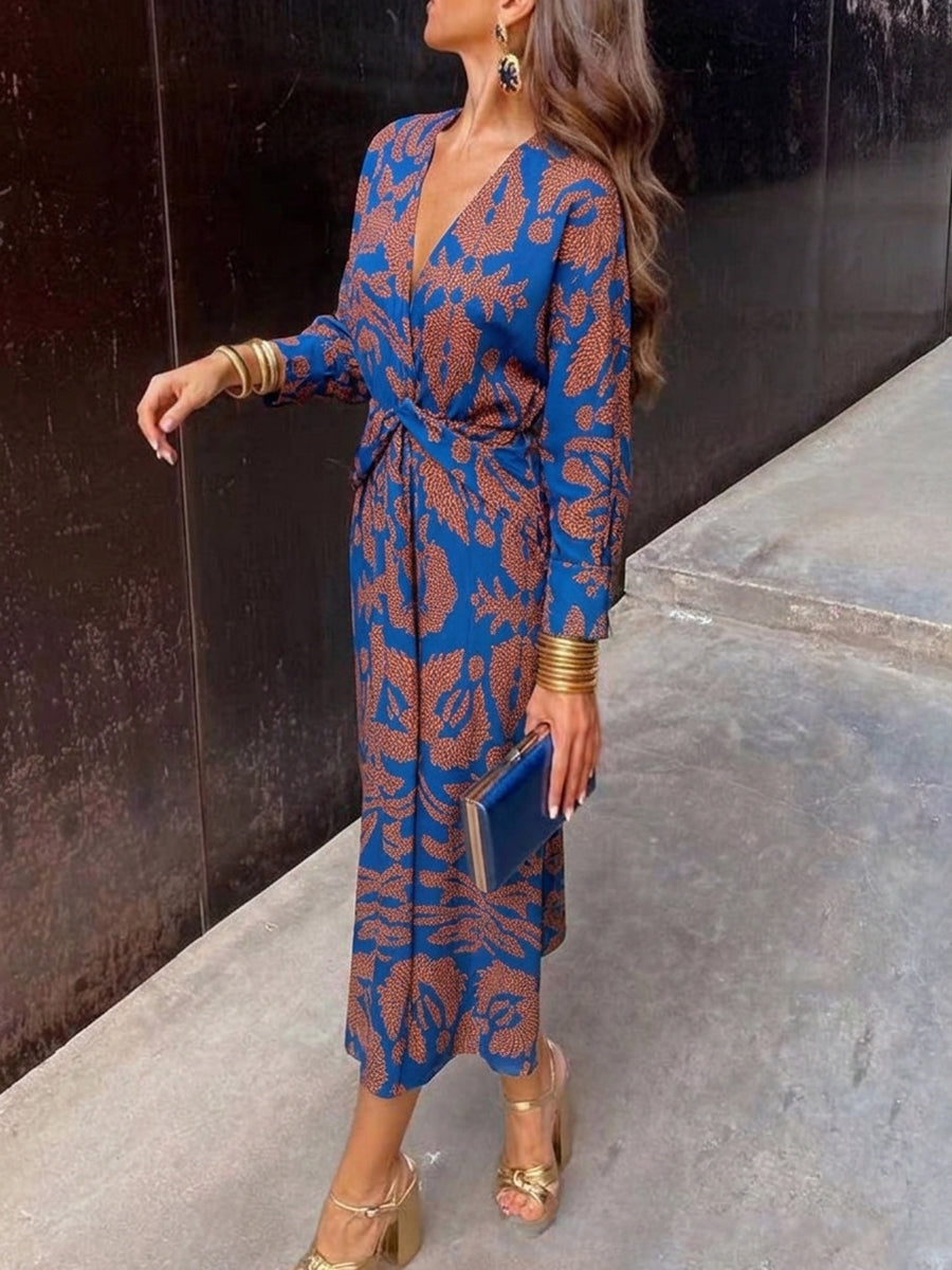 High Waisted Long Sleeves Contrast Color Knot Printed Deep V-Neck Midi Dresses