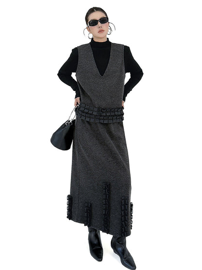 Contrast Color Ruffled Split-Joint V-Neck Vest Top + Elasticated Waist High Waisted Pleated Skirts Bottoms Two Pieces Set