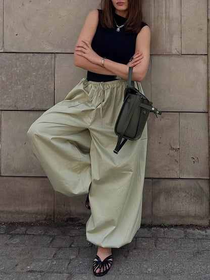 Elasticated Waist High Waisted Drawstring Pleated Solid Color Ankle-Tied Pants