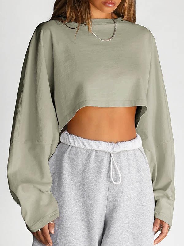 Long Sleeves Loose Solid Color Split-Joint Round-Neck Sweatshirt Tops