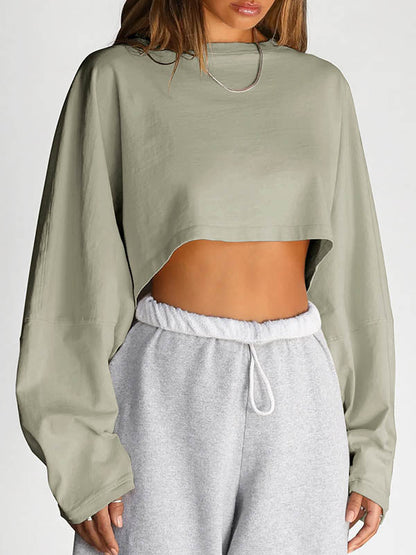 Long Sleeves Loose Solid Color Split-Joint Round-Neck Sweatshirt Tops