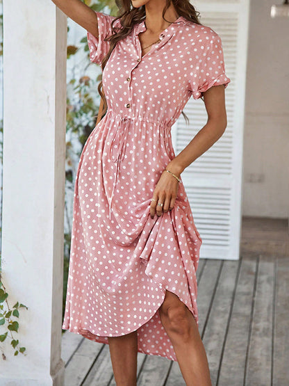 A-Line High Waisted Buttoned Drawstring Polka-Dot V-Neck Midi Dresses