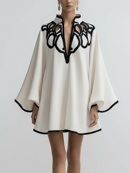 Flared Sleeves Loose Contrast Color Hollow Stand Collar Mini Dresses