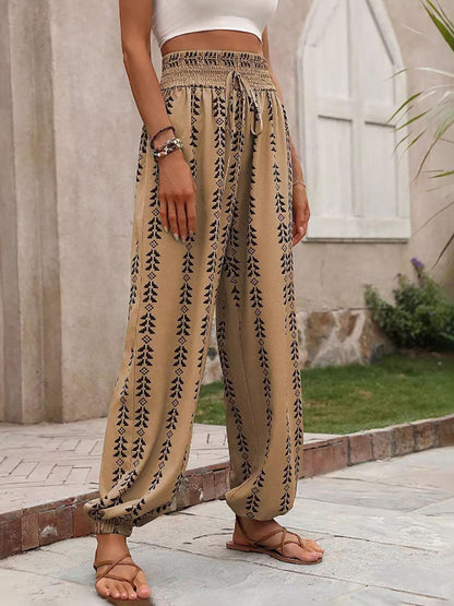 High Waisted Drawstring Pockets Printed Tied Pants Trousers