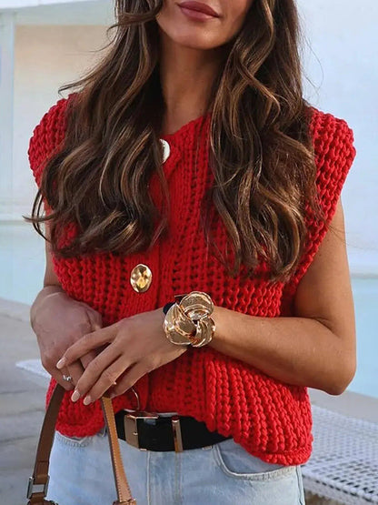 Sleeveless Buttoned Pockets Solid Color Cardigan Tops Knit Top