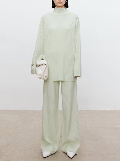 Solid Color High-Neck Long Sleeves Sweater Top + Wide Leg Pants Bottom Two Pieces Set