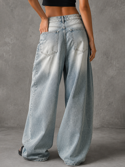 High Waisted Wide Leg Buttoned Contrast Color Hollow Pockets Split-Joint Jean Pants Bottoms