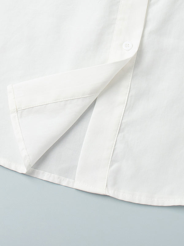 Loose Puff Sleeves Pleated Solid Color Split-Joint Lapel Blouses&Shirts Tops