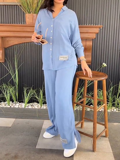 Solid Color Long Sleeves Buttoned Lapel Shirts Top + Split-Side High Waisted Pants Bottom Two Pieces Set