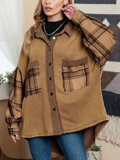 High-Low Long Sleeves Buttoned Plaid Pockets Split-Joint Lapel Jackets Outerwear