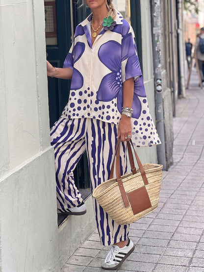 Half Sleeves Buttoned Flower Print Polka-Dot Lapel Blouses&Shirts Tops + High Waisted Pants Trousers Two Pieces Set