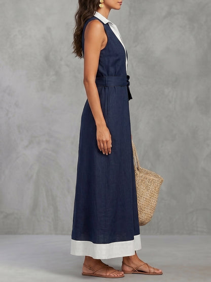 A-Line Loose Buttoned Contrast Color Pockets Tied Zipper Lapel Maxi Dresses