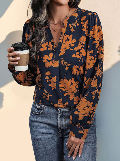 Long Sleeves Loose Flower Print Pleated Split-Joint V-Neck Blouses&Shirts Tops