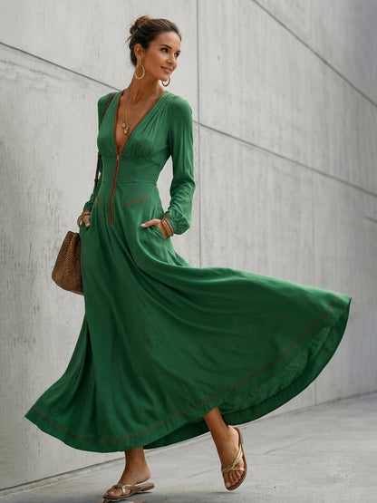 A-Line High Waisted Pockets Solid Color Zipper Deep V-Neck Maxi Dresses
