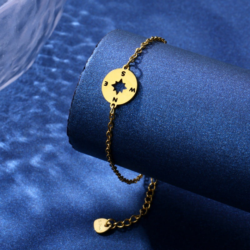 Simple Stainless Steel Compass Pendant Bracelet Simple Design Black Rose Gold Silver Yellow Options