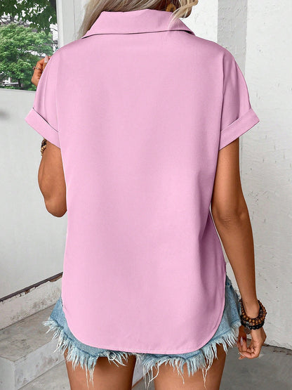 Loose Short Sleeves Buttoned Pleated Solid Color Lapel Blouses&Shirts Tops