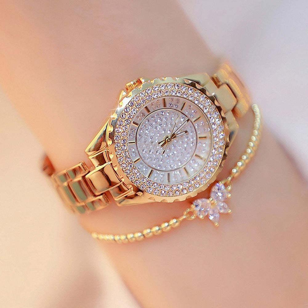 Women Quartz Watch Shiny Diamond Inlaid Rose Gold And Silver Round Dial Wristwatch Matching Versatile Diamond Butterfly Bracelet Set
