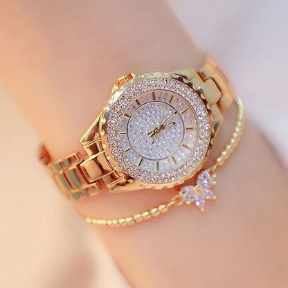 Women Quartz Watch Shiny Diamond Inlaid Rose Gold And Silver Round Dial Wristwatch Matching Versatile Diamond Butterfly Bracelet Set